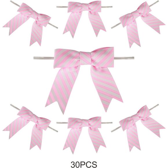 30 3" Twist Tie Pink Striped Grosgrain Ribbon Bows - Picture 3 of 9